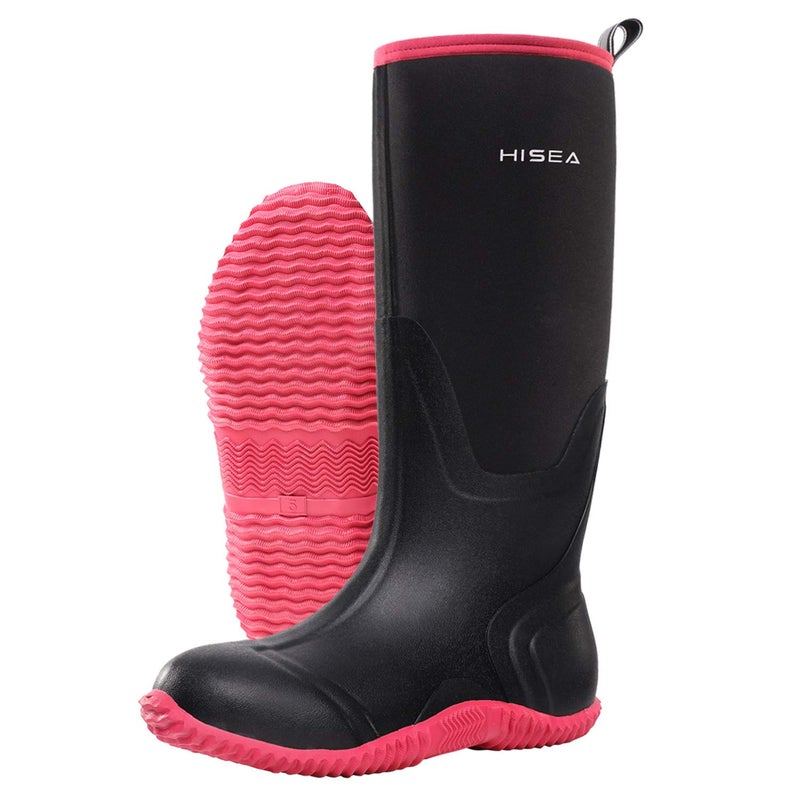 HISEA Women's Rain Boots, Knee High Rubber Boots Waterproof Insulated Neoprene Mud Boots, Anti-Slip Outdoor Work Boots for Hunting Gardening Farming Yard Working, Size 8 Pink - Image 1
